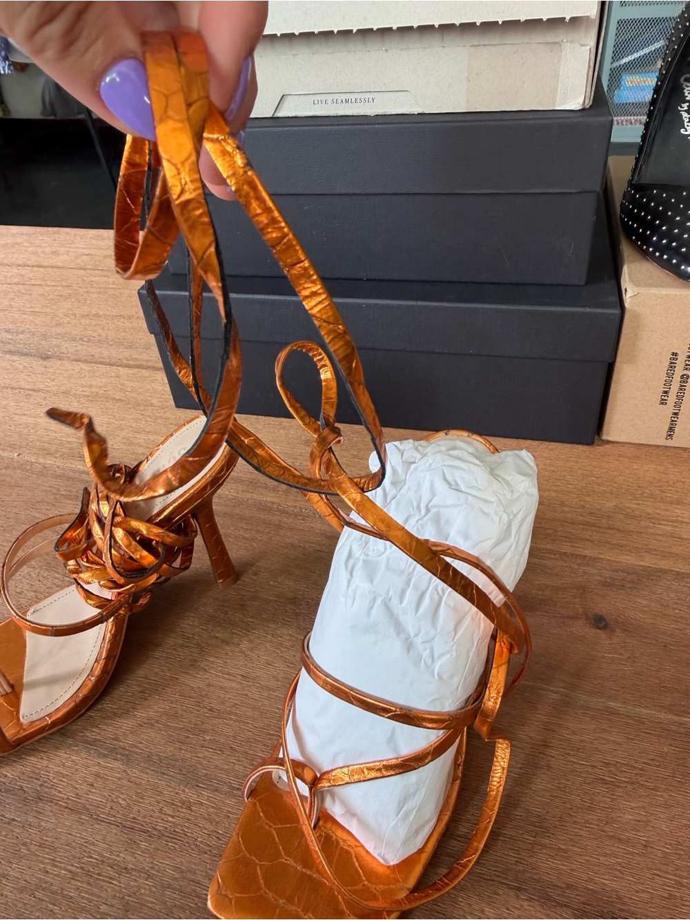 SCHUTZ Metallic Orange Strappy Square-Toe Sandals - Picture 3 of 7